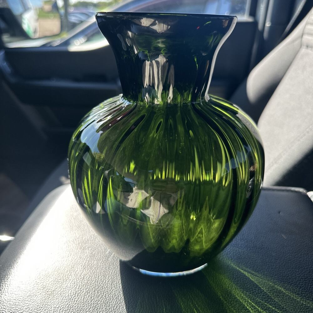 Dark Green Vase Ribbed on Inside Murano Style